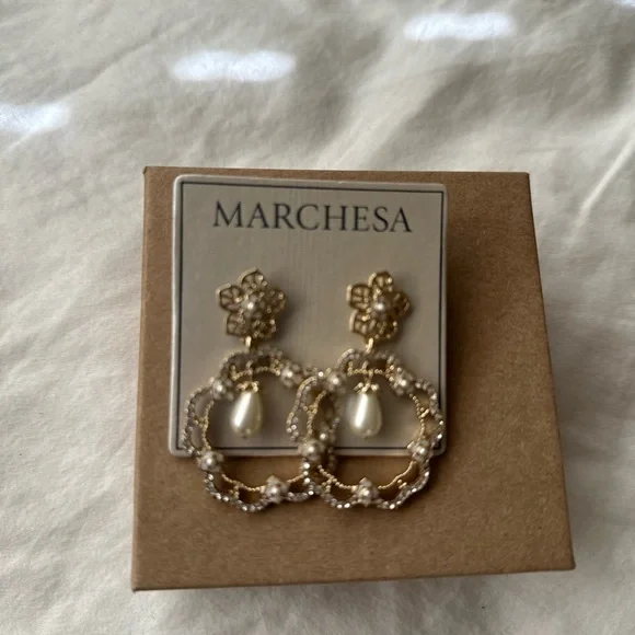 GoldTone Mother of Pearl, Imitation Pearl & Crystal Flower Orbital Drop Earrings - Picture 3 of 6